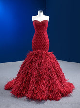 Burgundy Sweetheart Beading Tulle Prom Dress With Detachable Feather train